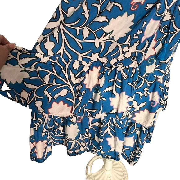 Knox Rose Maxi Dress Womens Medium Blue Short Sleeve Wrap Floral Tiered Tassel - Picture 5 of 14